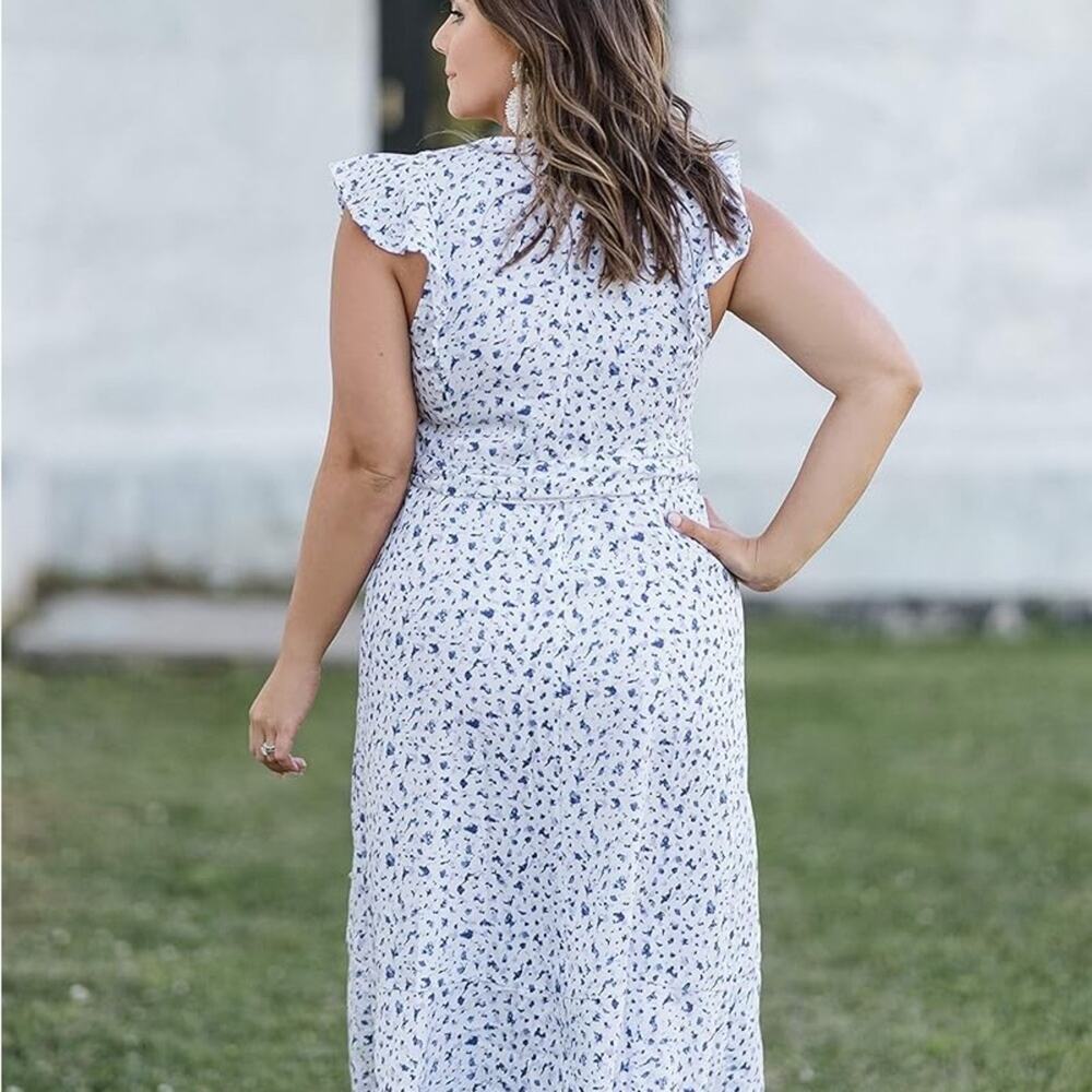 Blue Floral Wrap Midi Dress Ruffle Sleeve Cottagecore Coastal Brunch - Picture 2 of 9